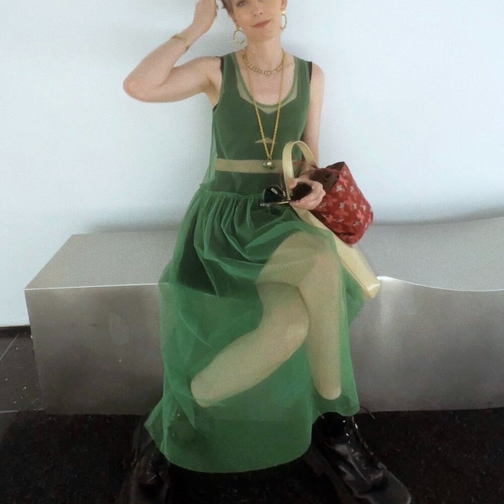Green Tulle Mesh Sleeveless Midi Dress Sz Small - Picture 2 of 4
